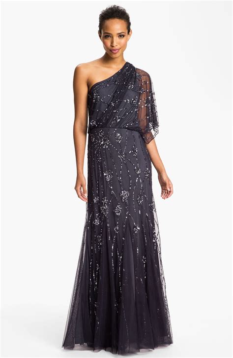 adrianna papell one shoulder beaded dress